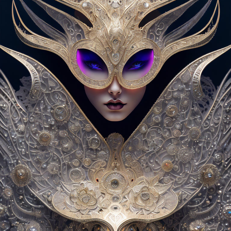 Intriguing Figure in Golden Mask with Purple Eyeholes