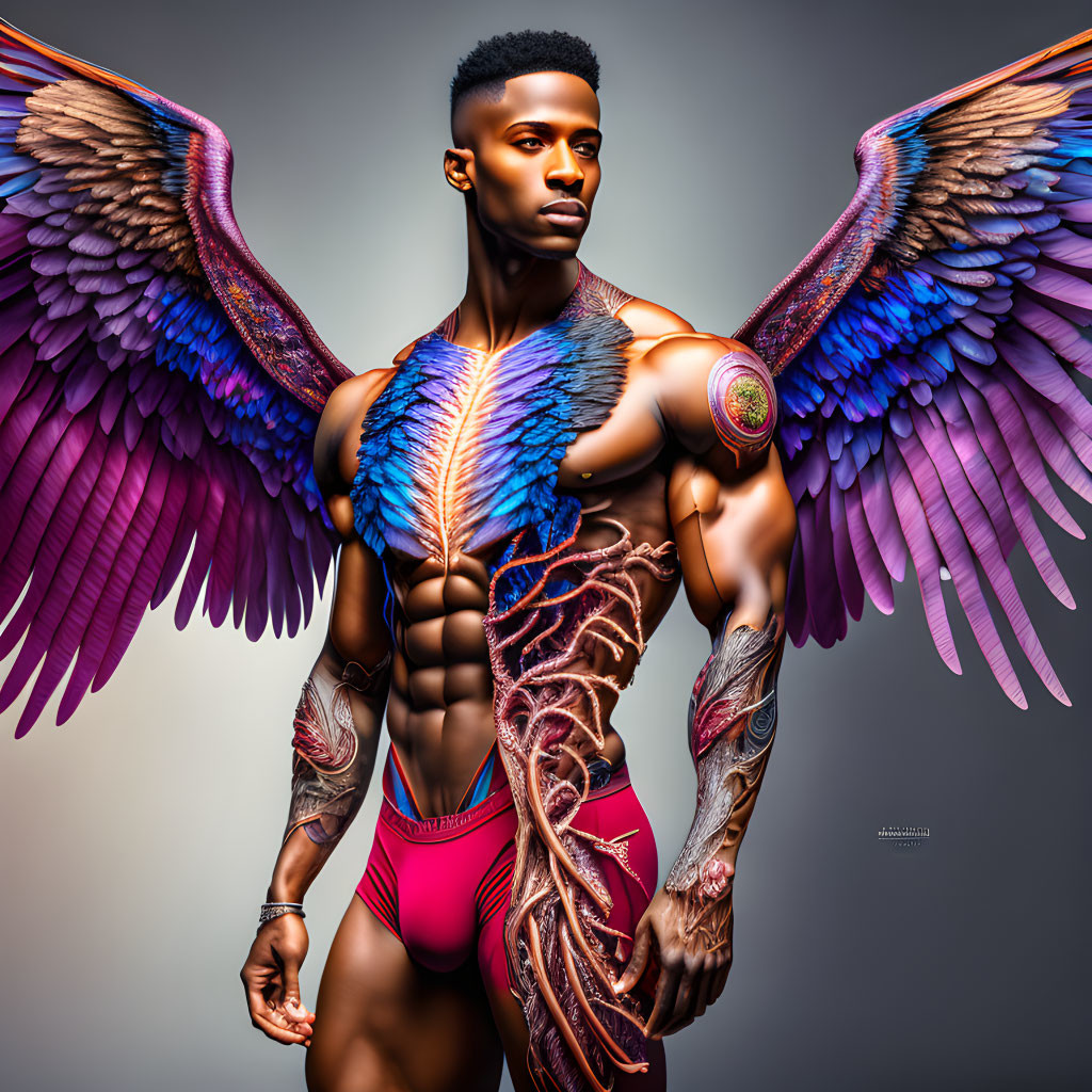 Vibrant digitally rendered wings on person with intricate body art.