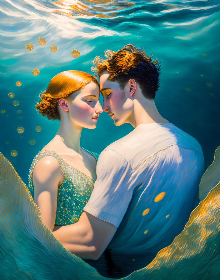 Two individuals submerged in water with swirling blue water and floating golden coins.