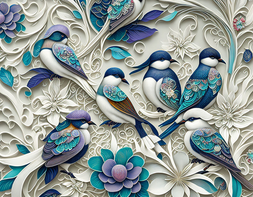 Detailed bas-relief of stylized birds and flowers in vibrant blue on ivory background