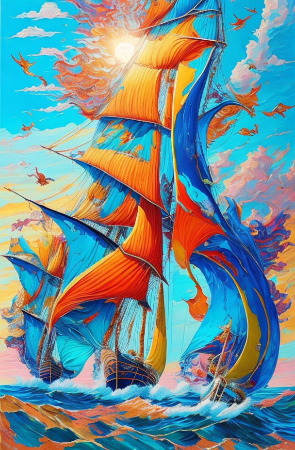 Colorful ship painting with orange and blue sails on stormy sea and dynamic sky