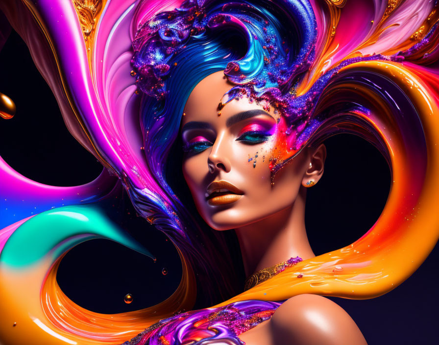 Colorful swirling cosmic elements around a woman's head in dynamic fusion