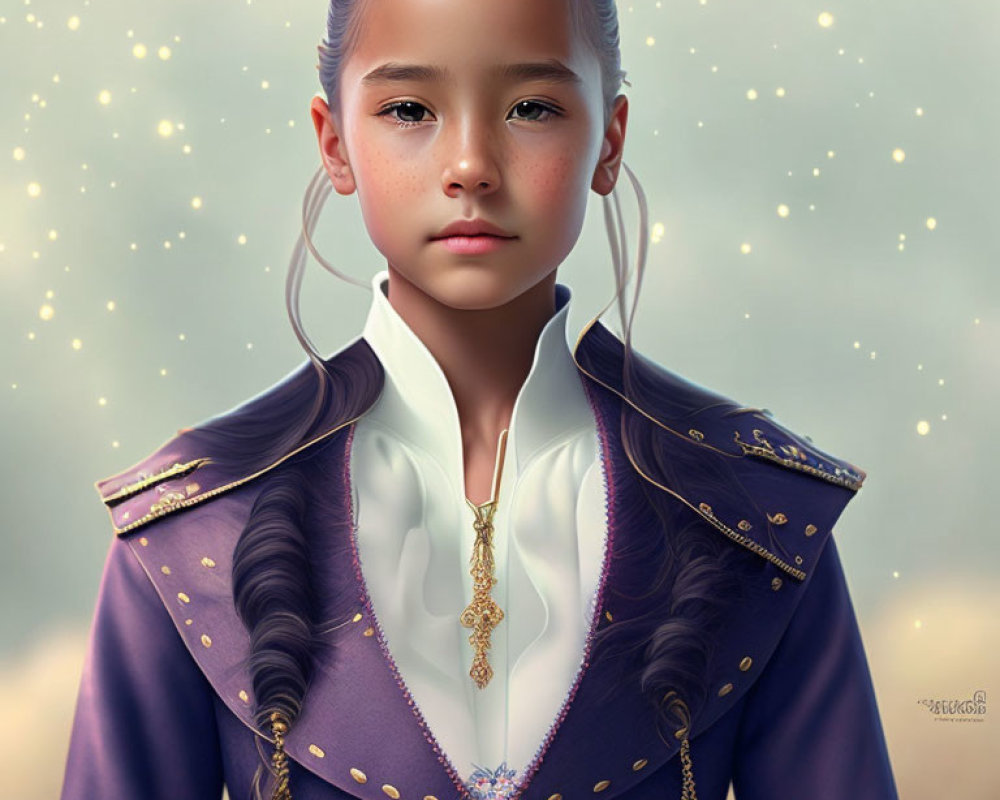 Young girl in braided hair, purple military jacket with gold buttons.