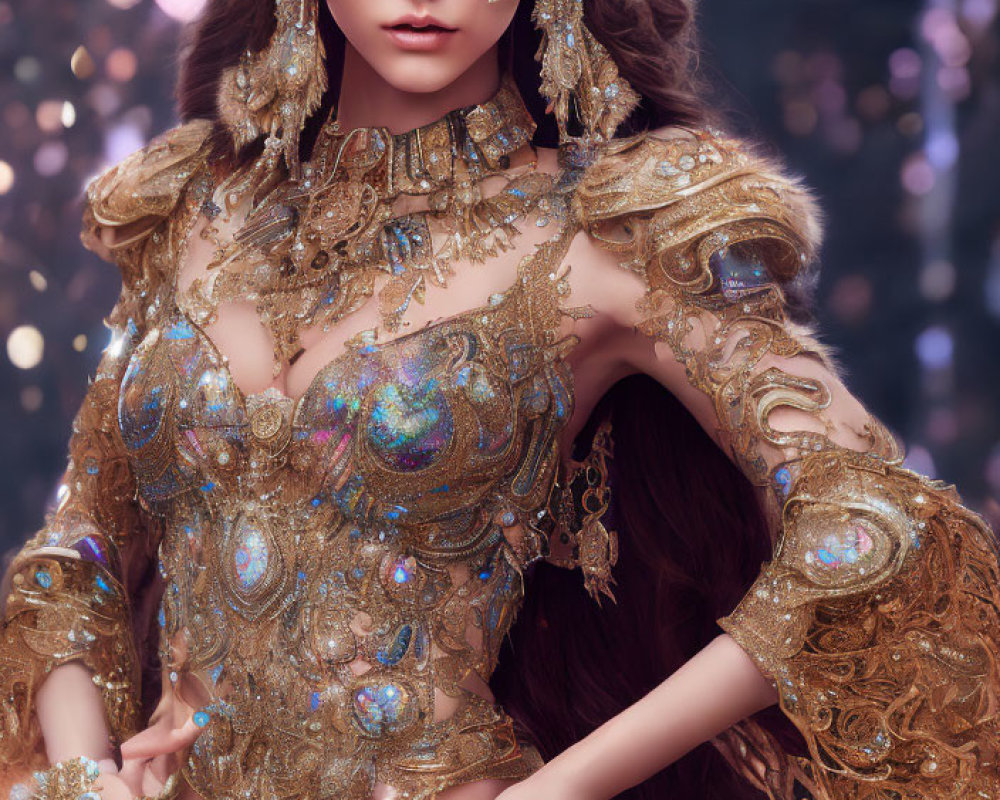 Digital artwork: Woman in ornate golden outfit with intricate designs and jewelry on sparkling bokeh background