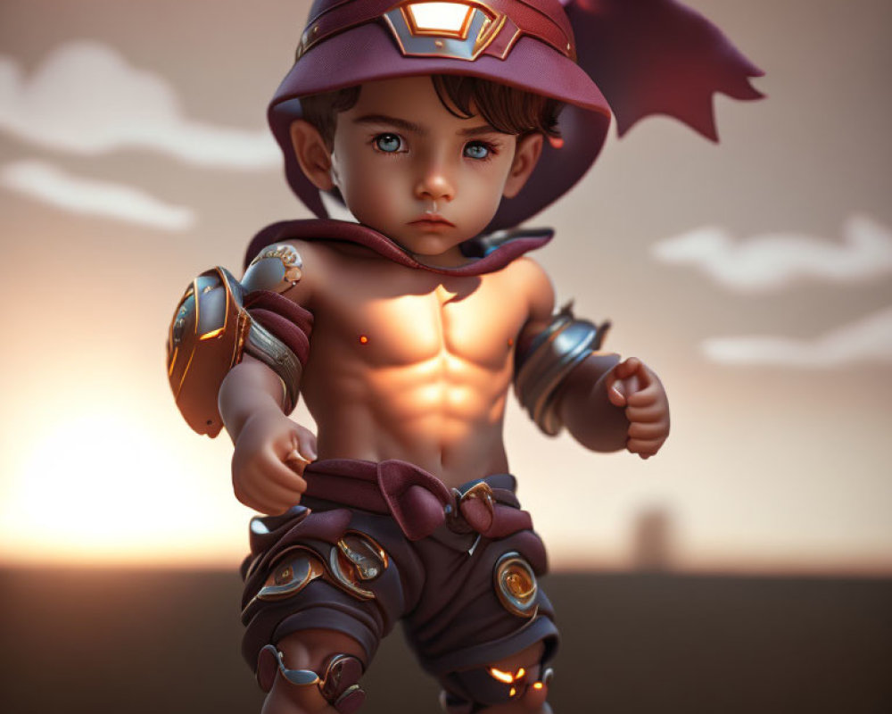 Toddler in fantasy warrior costume against dusky sky.