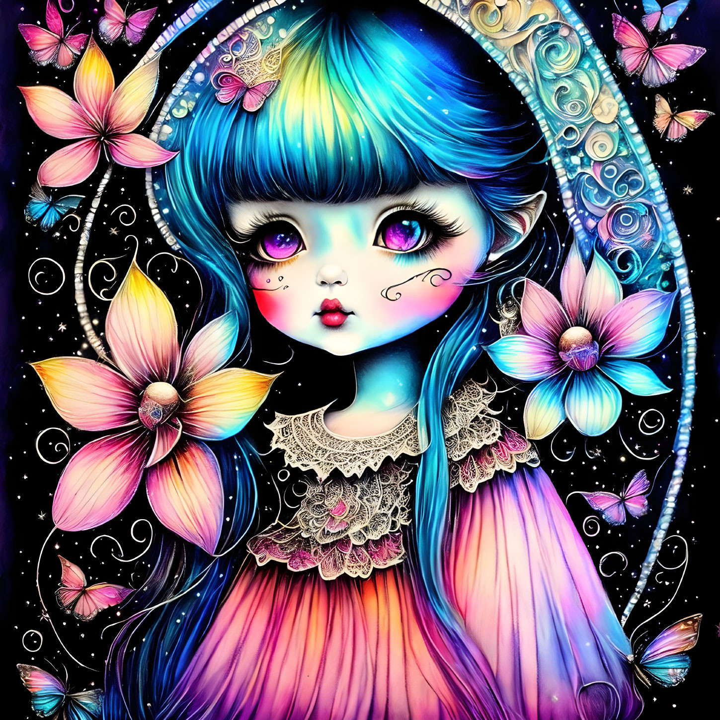 Colorful girl illustration with blue hair, expressive eyes, flowers, butterflies, star background