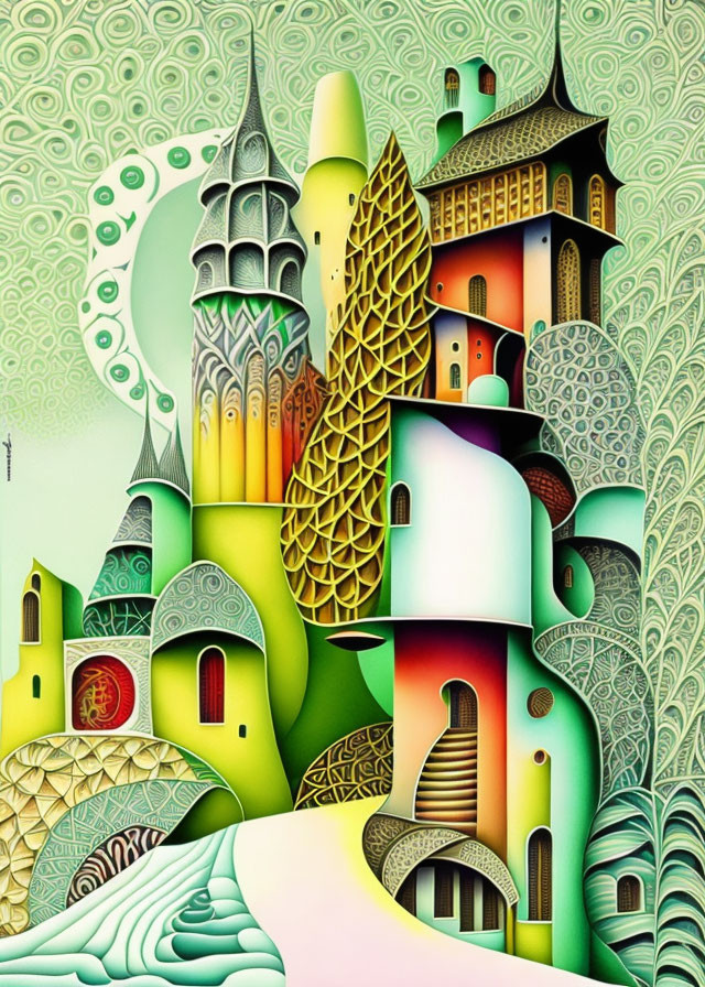 Vibrant surreal illustration of whimsical town with intricate patterns