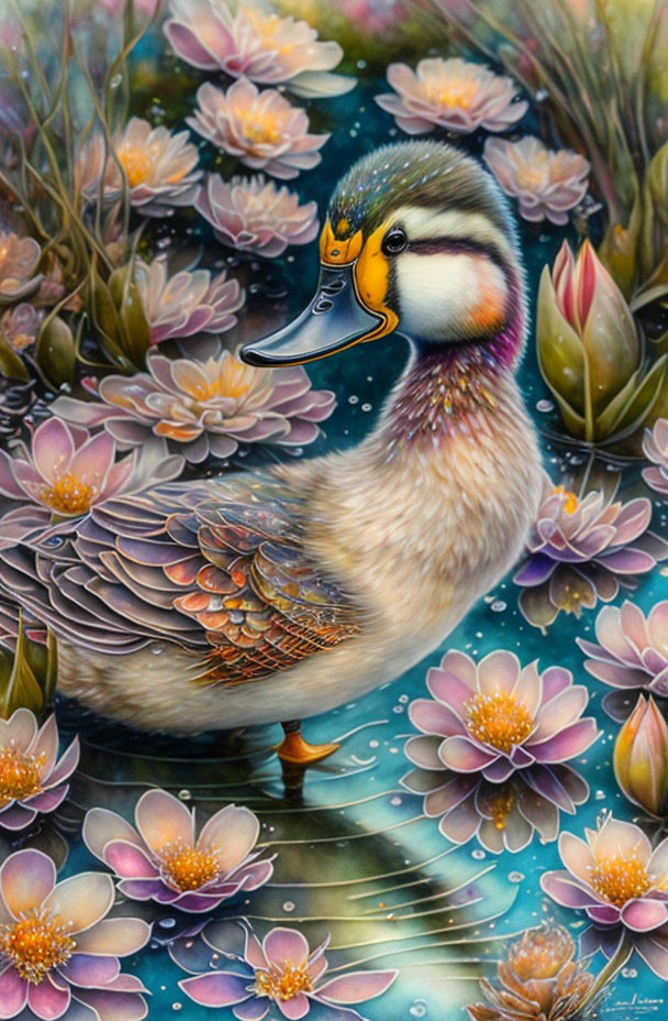 Colorful Duck Among Pink Water Lilies Illustration