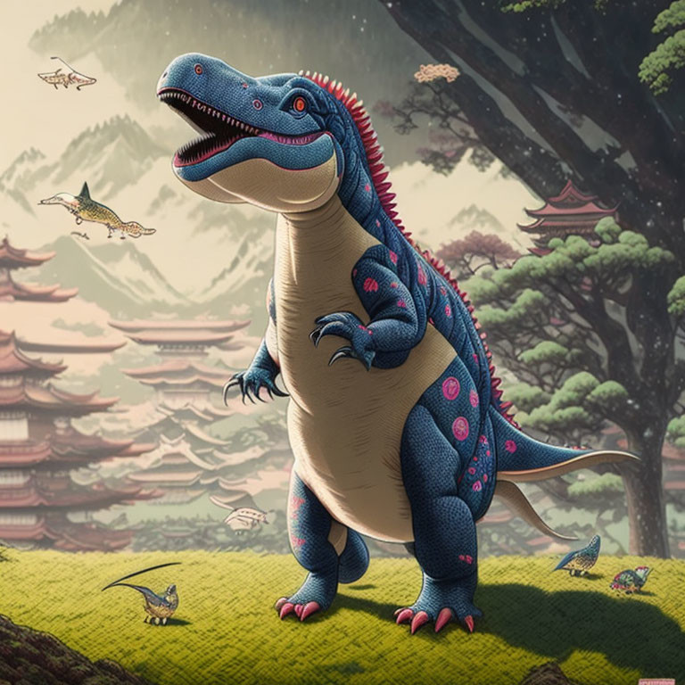 Stylized blue dinosaur with red markings in ancient Asian landscape