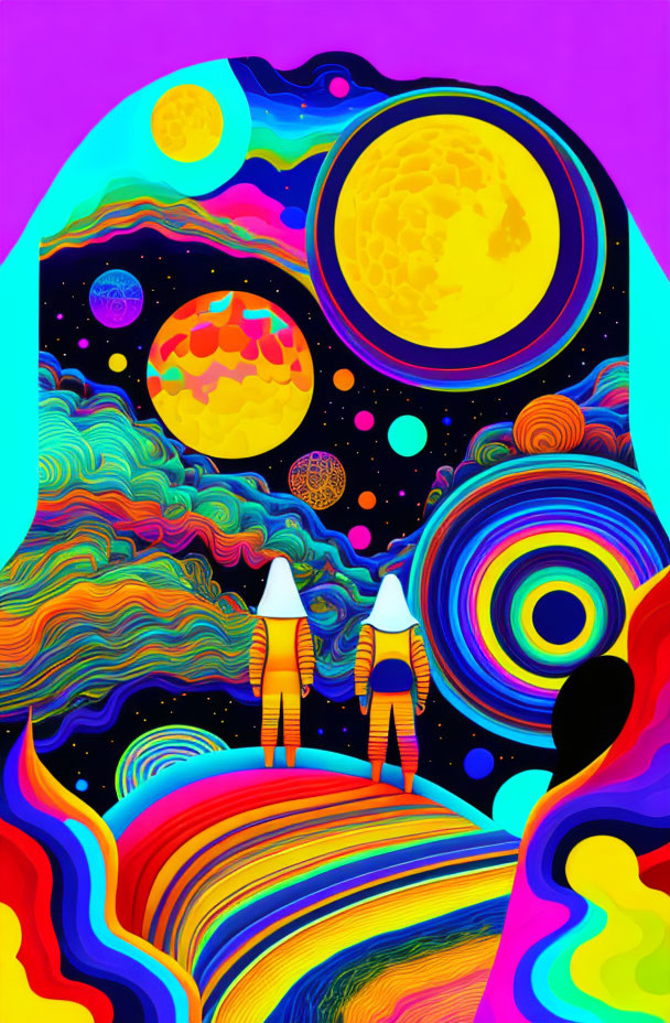 Psychedelic space illustration with two astronauts and colorful sky