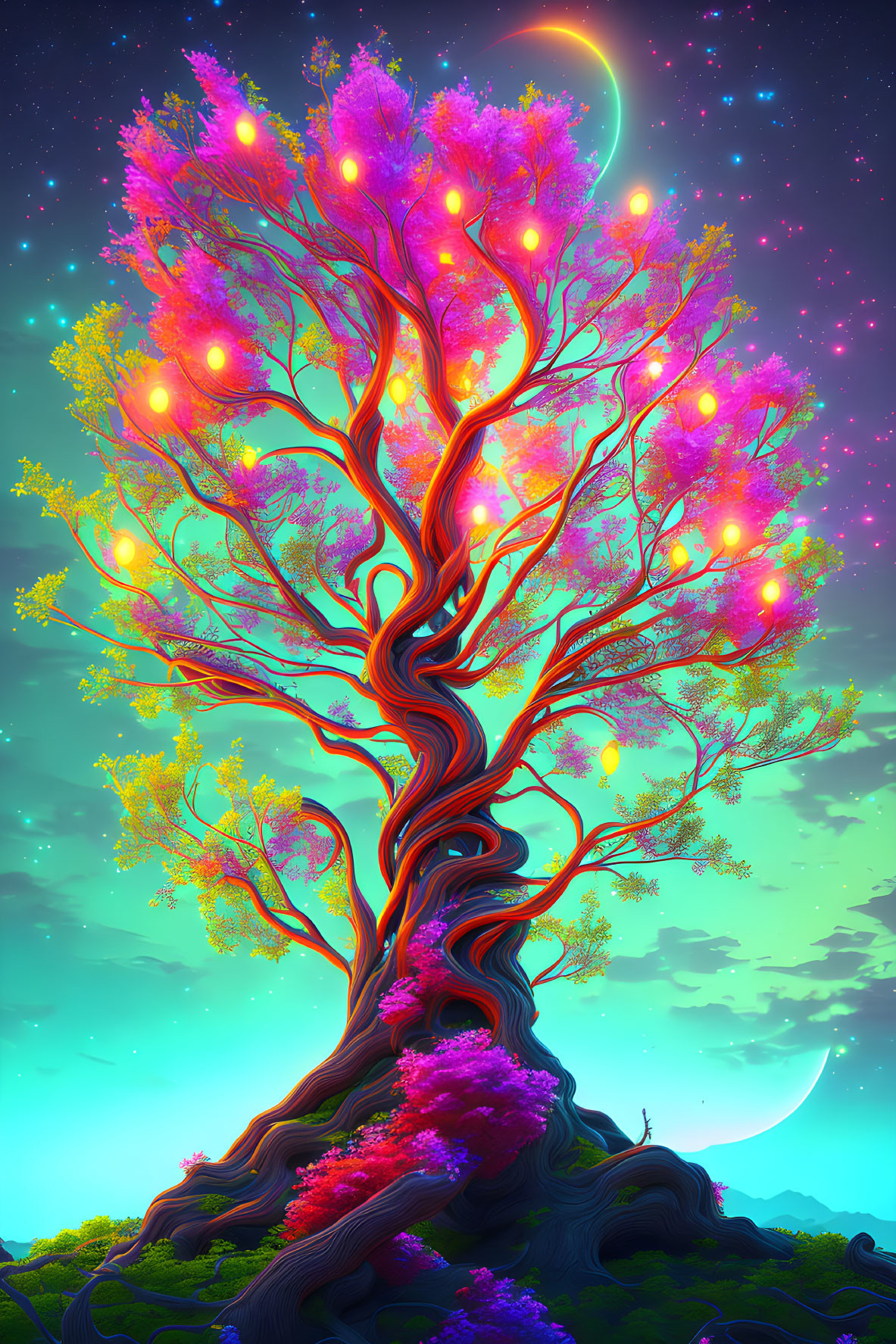 Fantastical tree with dark branches and pink foliage under night sky