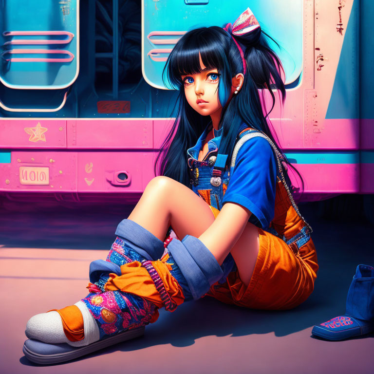 Digital artwork: Girl with blue hair by pink & blue bus