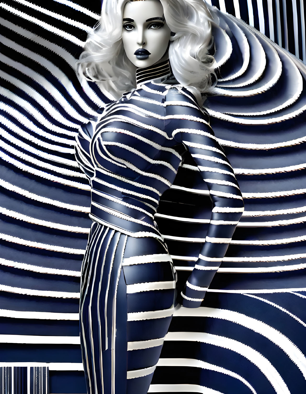 Silver-skinned figure on striped background: optical illusion art.