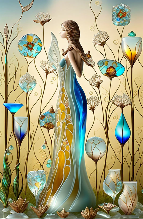 Stylized illustration of woman in nature-themed gown with ornate floral designs