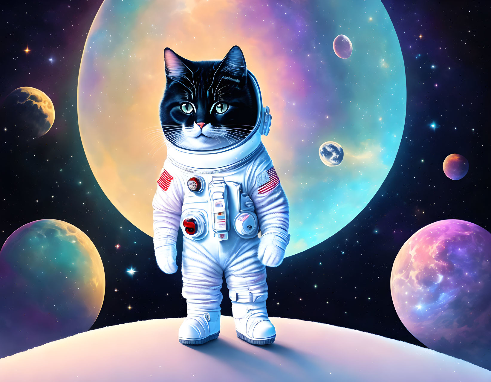 Cat in astronaut suit on lunar surface with colorful planets and stars