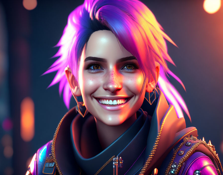 Smiling person with blue and purple hair in futuristic digital art