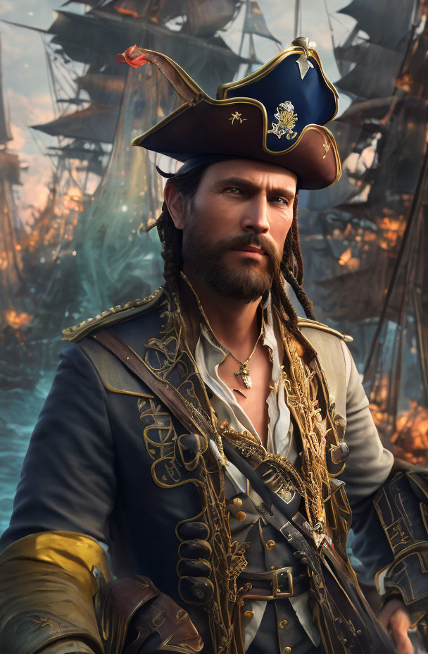 Ornate pirate captain in tricorn hat with blazing ships