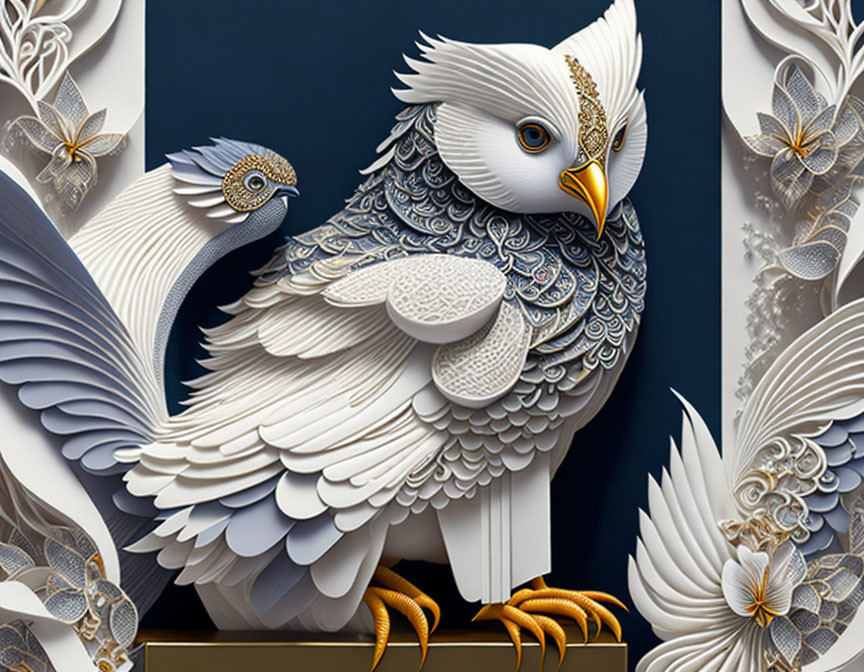 Detailed Paper Art Sculpture of Majestic White Bird with Blue and Gold Patterns