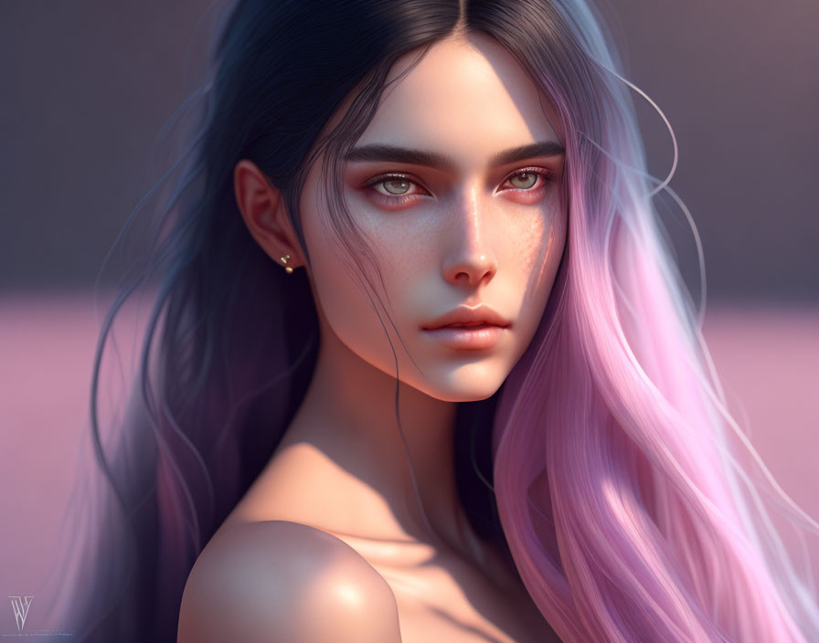 Portrait of young woman with gray to pink ombre hair and red eyes