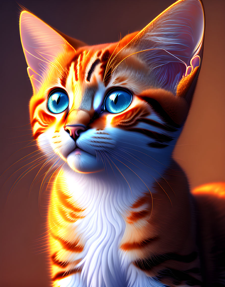 Orange-Striped Cat with Blue Eyes on Amber Background