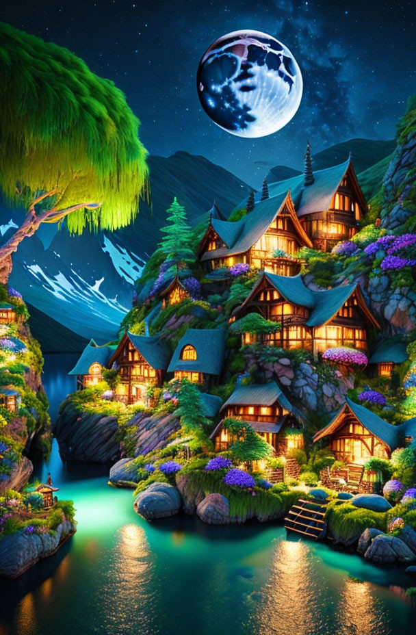 Nighttime village with traditional illuminated houses by river and full moon