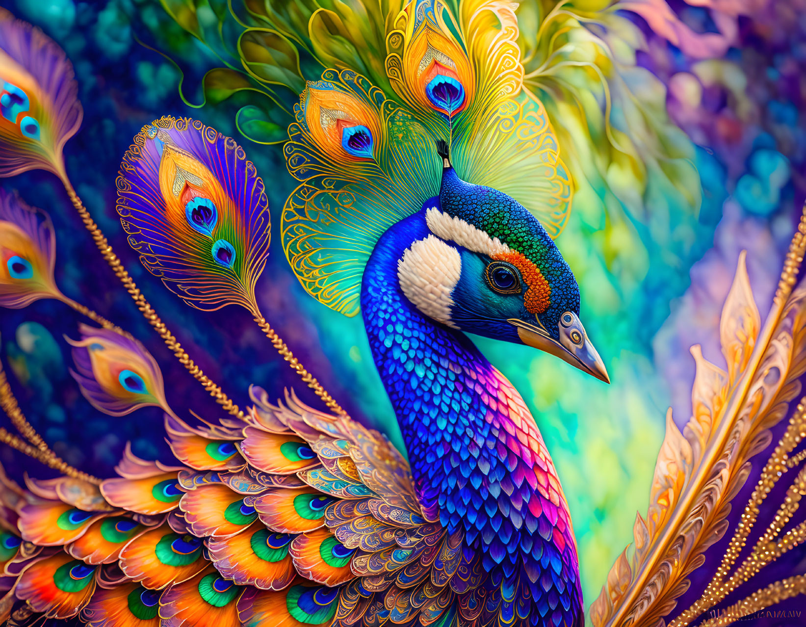 Colorful Peacock Illustration with Iridescent Tail Feathers