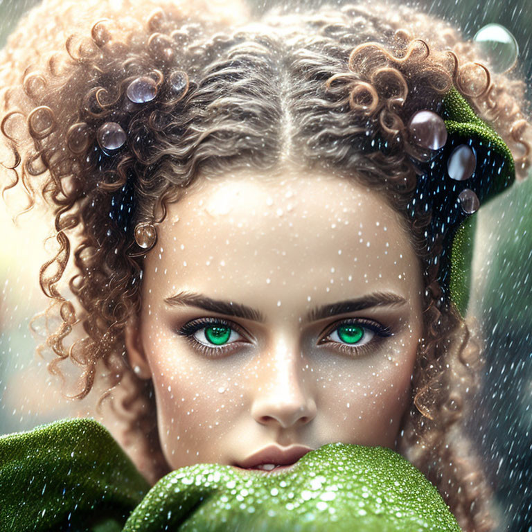 Close-up portrait of woman with green eyes, curly hair, dew drops, and leafy garment