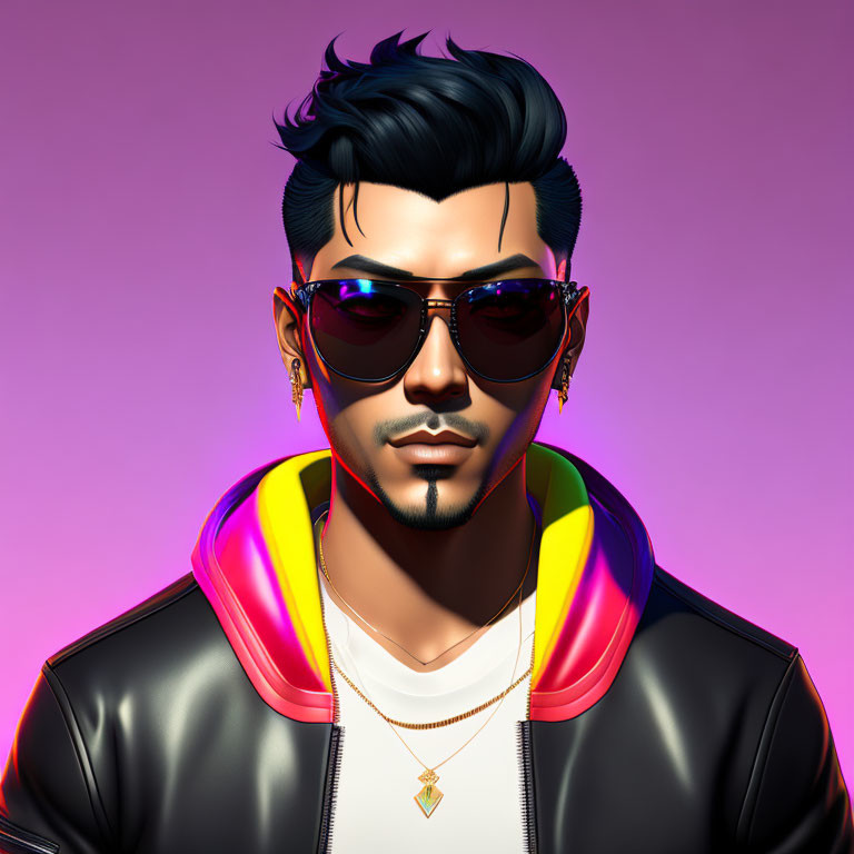 3D character with slicked-back hair, sunglasses, headphones, leather jacket on pink background