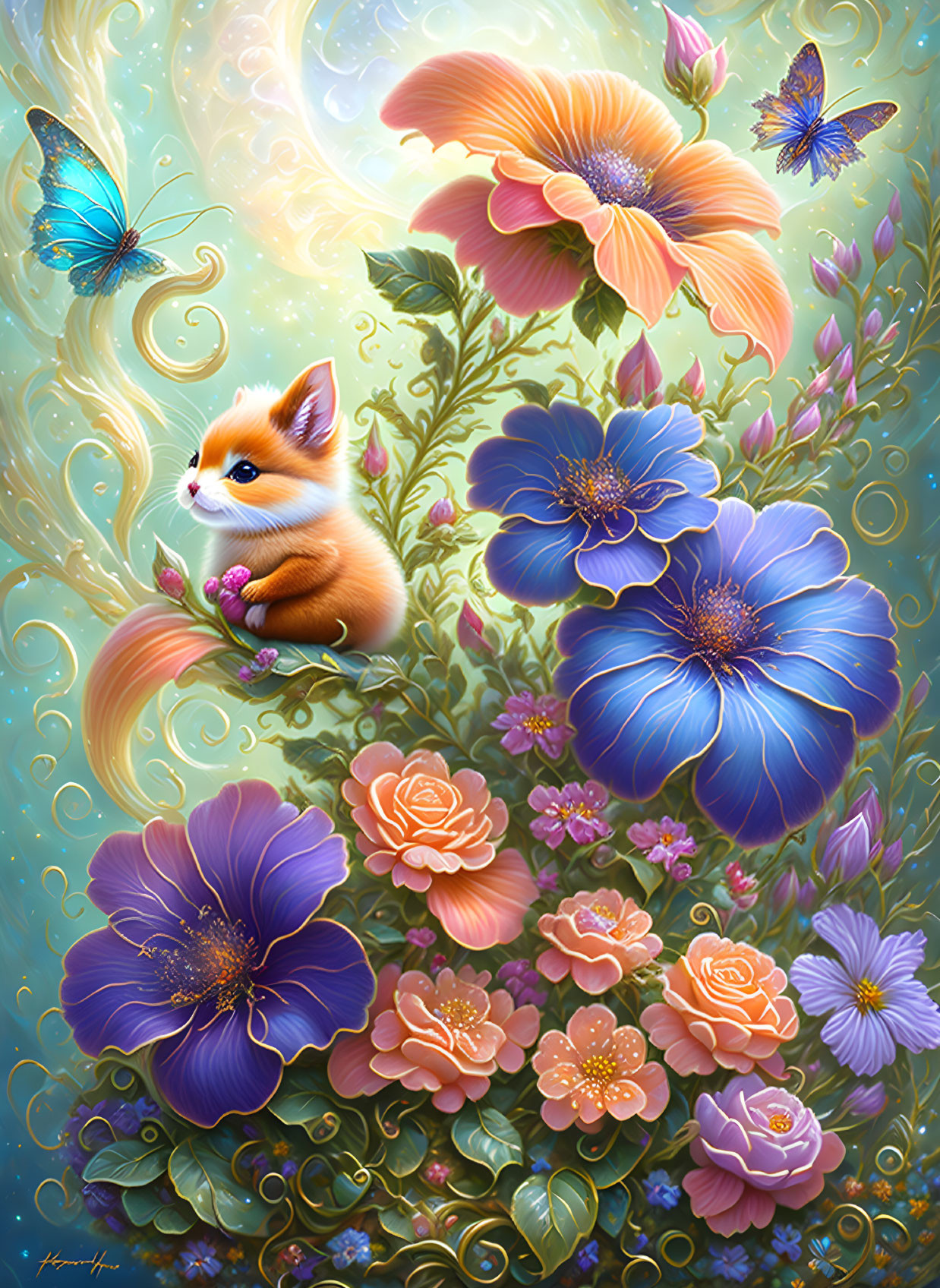 Illustration of fluffy fox in vibrant floral scene