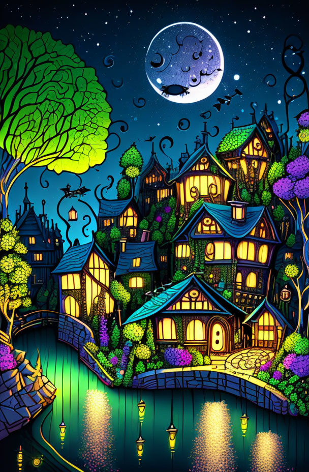 Vibrantly colored houses under crescent moon and starlit sky