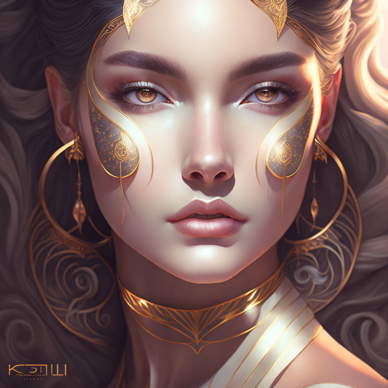 Fantasy-inspired woman illustration with intricate gold jewelry