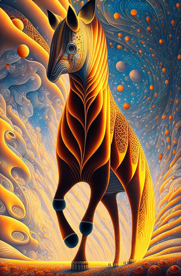 Vibrant surreal illustration: stylized horse with cosmic backdrop