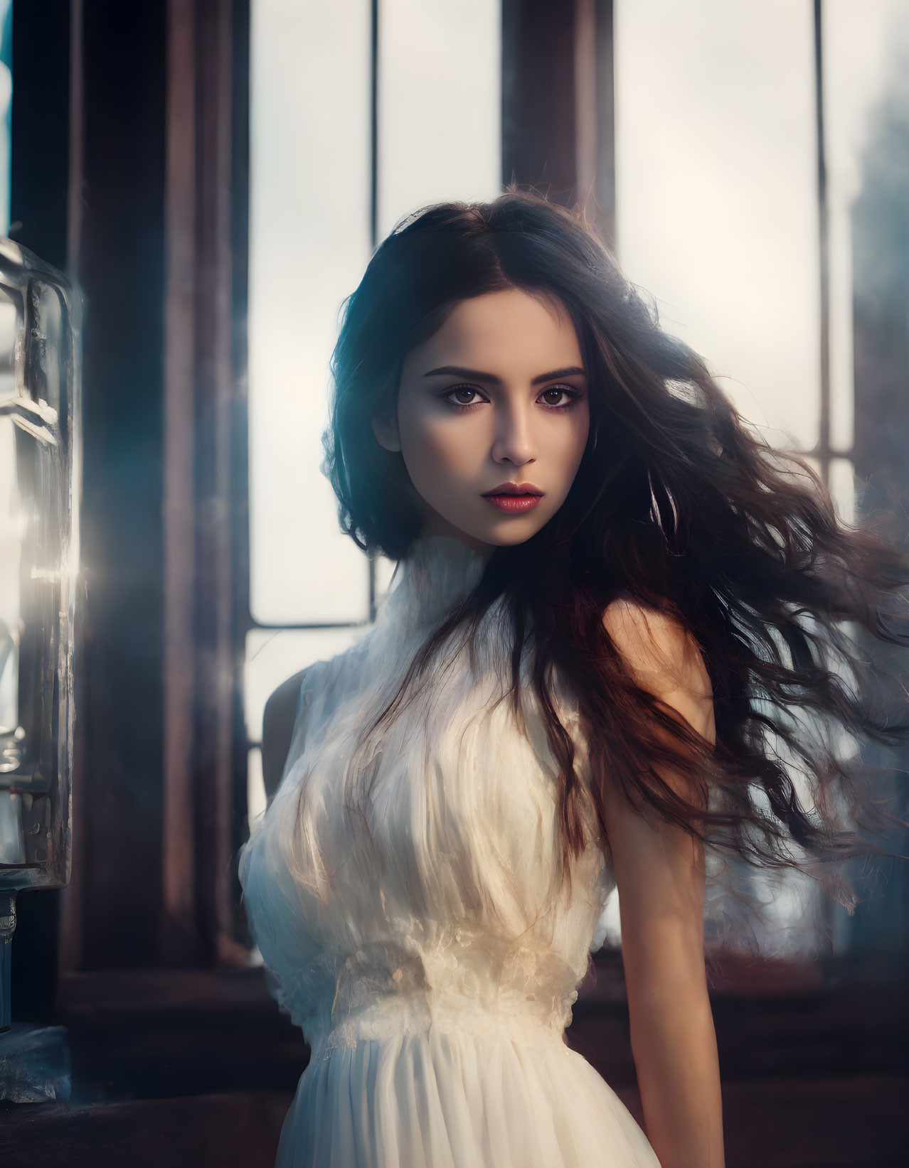 Woman in white dress with flowing dark hair gazing intensely.