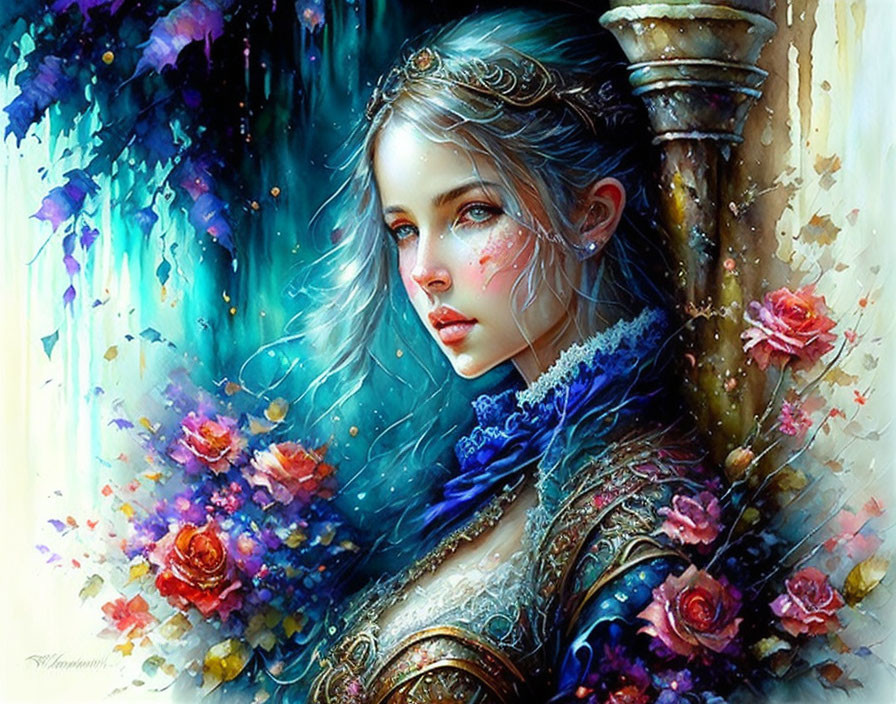 Fantastical portrait of a woman with ethereal features and colorful flowers.