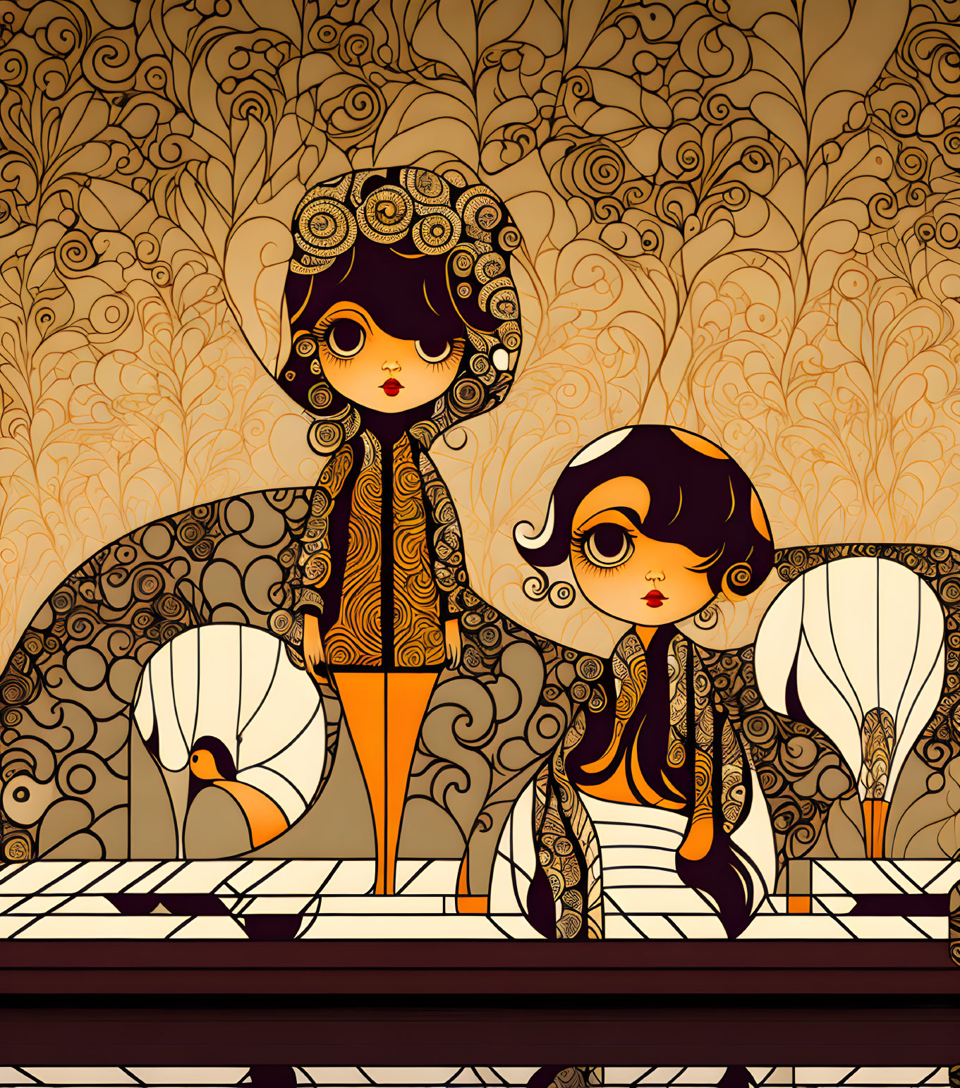 Stylized characters with intricate patterns on piano keyboard