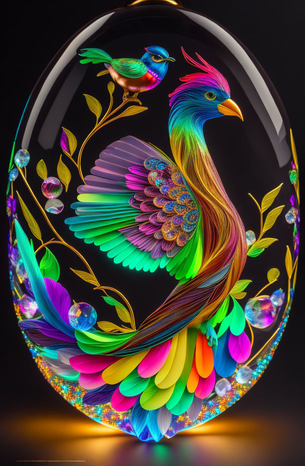 Multicolored Glass Bird Sculpture with Intricate Feather Details