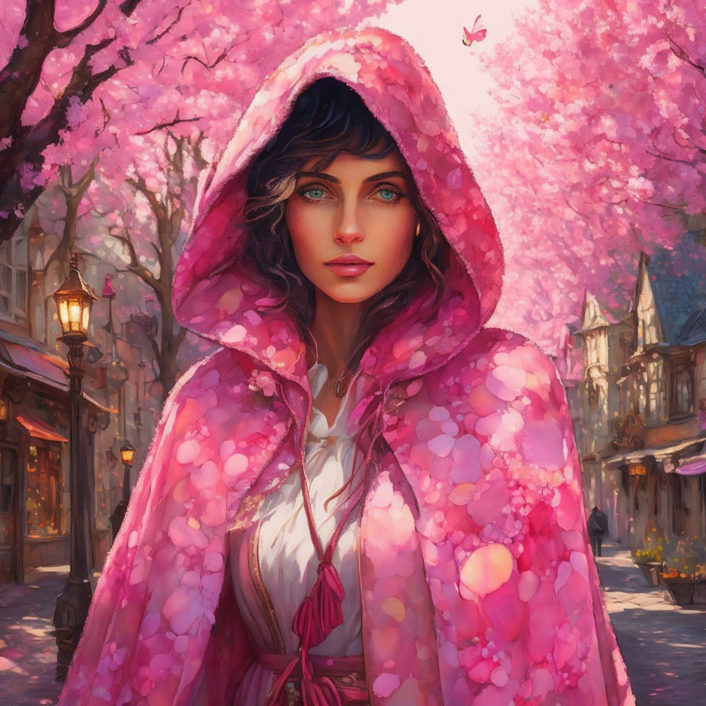 Woman in Pink Cloak Under Cherry Blossoms in Enchanted Village