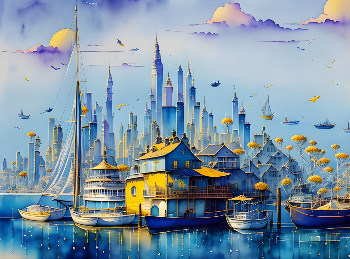 Colorful cityscape with sailboats, dandelions, and whimsical skyline under blue sky