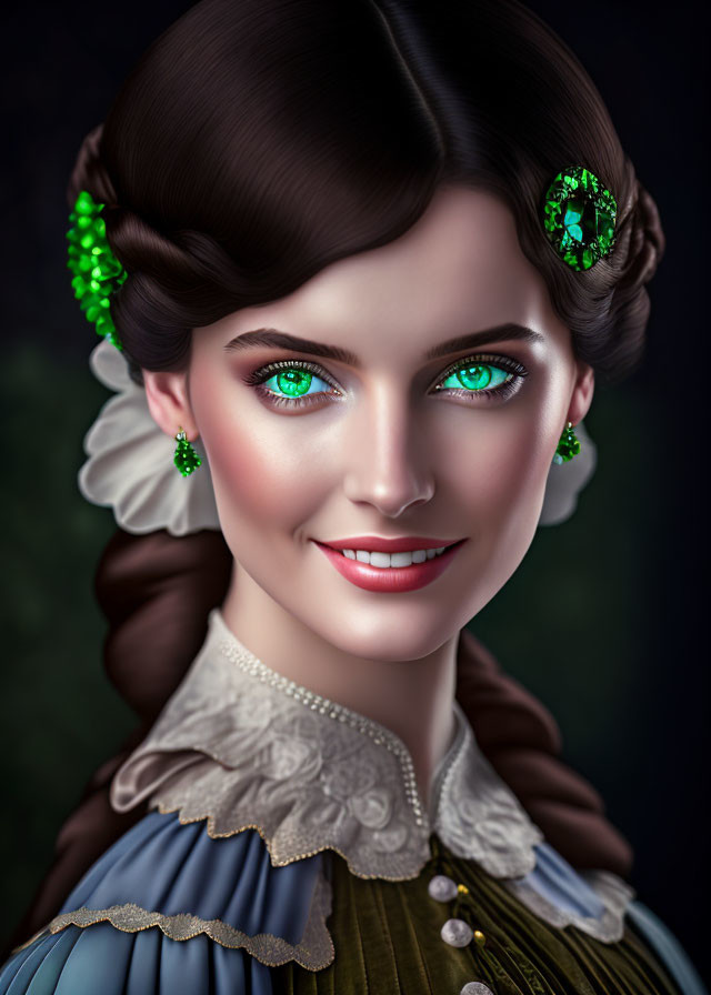 Portrait of a woman with blue eyes, green hair accessories, braided brown hair, and ruffled