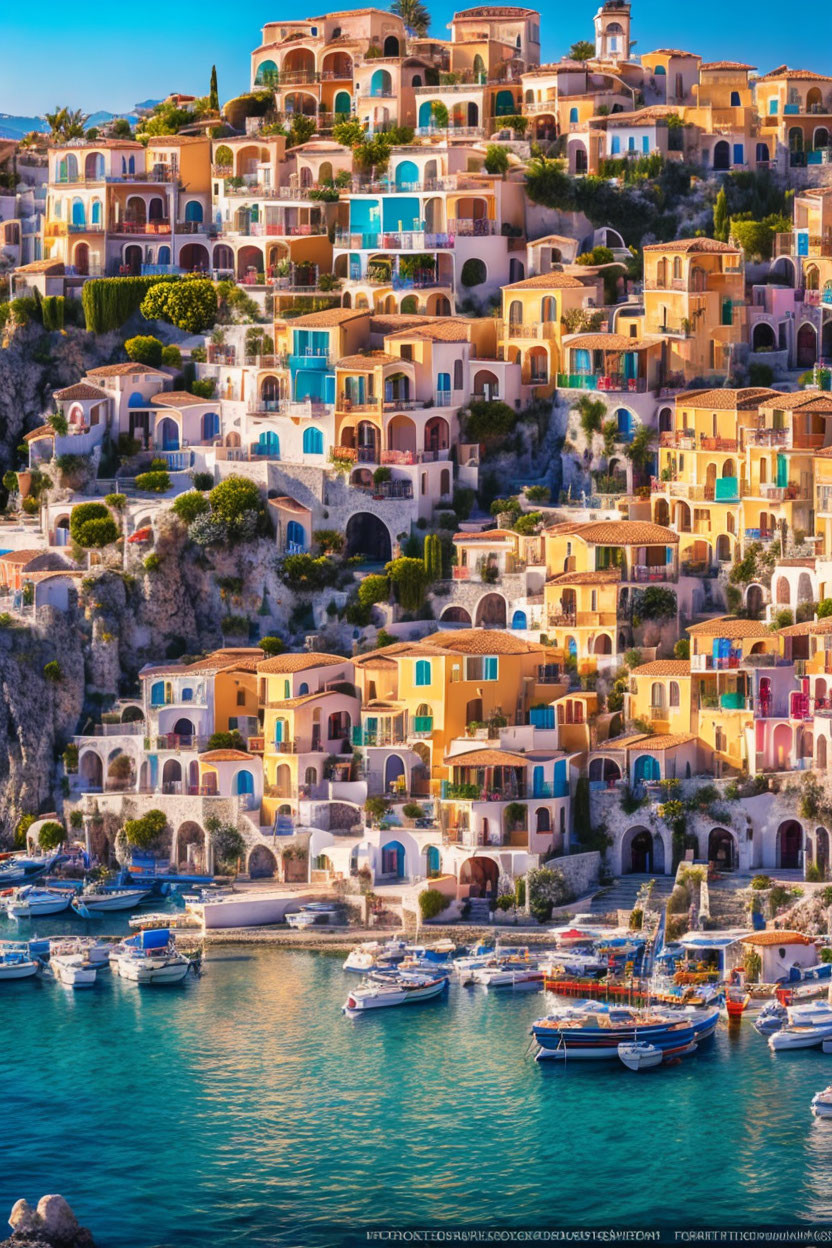 Scenic Coastal Village with Terracotta-Roofed Buildings