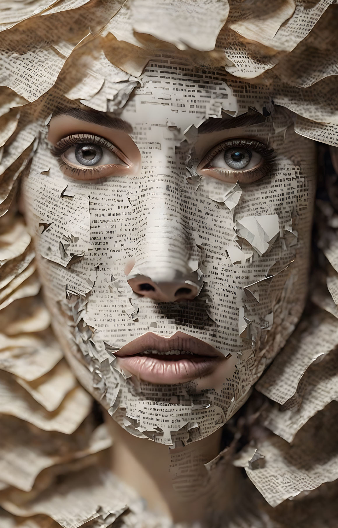 Portrait of a person with textured face made of newspaper clippings