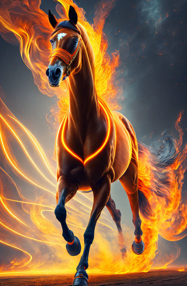 Colorful Horse Artwork Featuring Fiery Mane and Tail