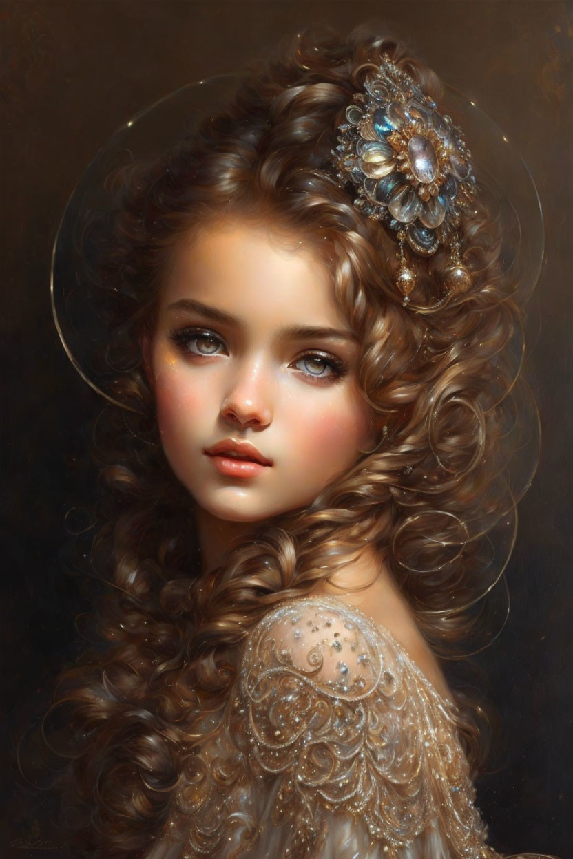 Young girl portrait with curly hair, halo, jeweled headpiece & soft lighting