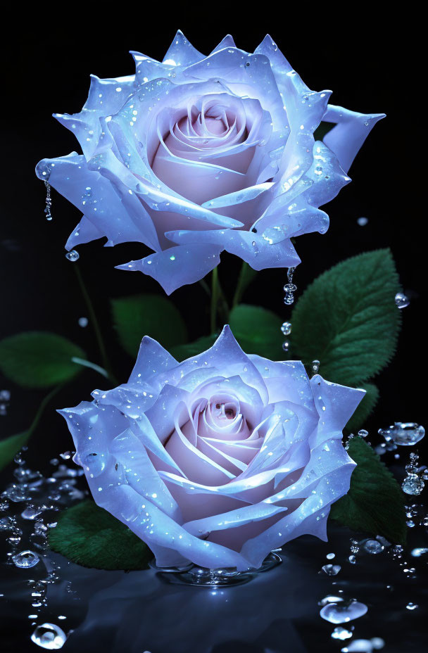 Luminous blue roses with dewdrops on dark background