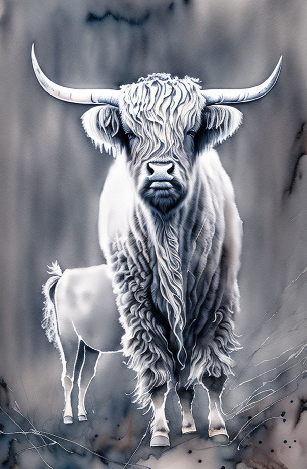 Shaggy Highland Cow with Prominent Horns in Misty Landscape