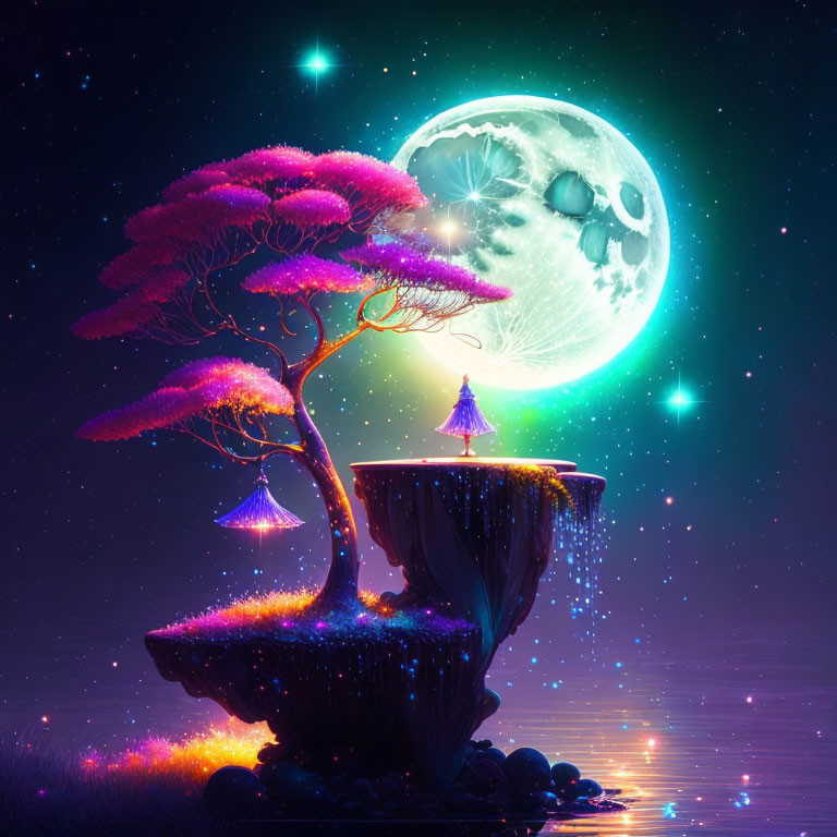 Fantasy landscape with glowing pink tree on floating island