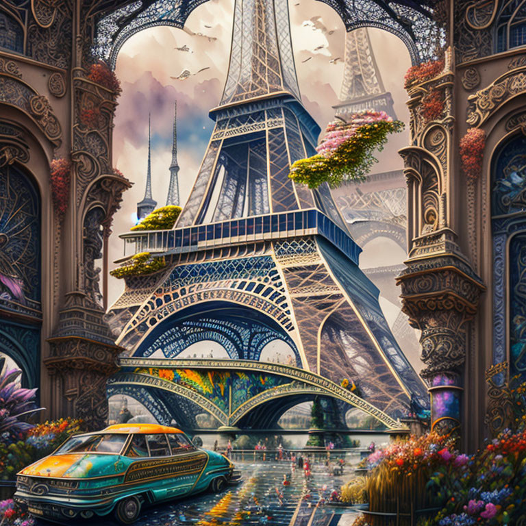 Vintage car, vibrant flowers, and embellished Eiffel Tower in a fantastical Paris scene