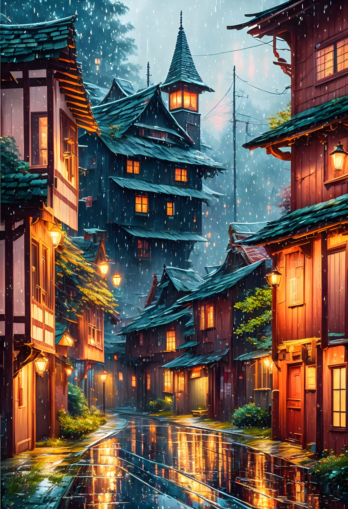 Snow-covered village with traditional buildings and glowing streetlights at twilight