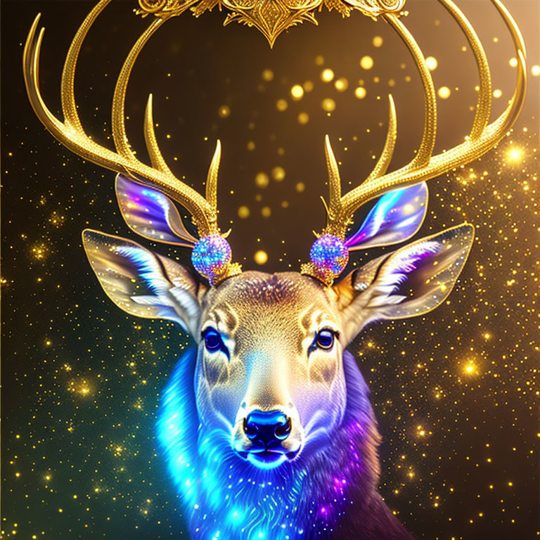 Golden Deer with Majestic Antlers and Glowing Ornaments on Starry Background