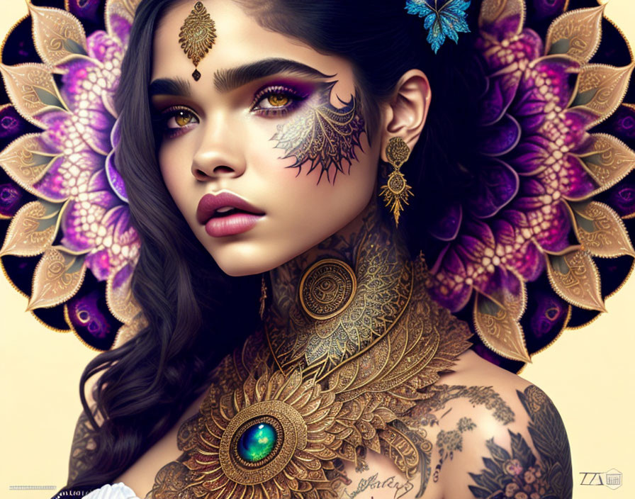 Elaborate gold and jewel-toned makeup on woman with peacock feather motifs